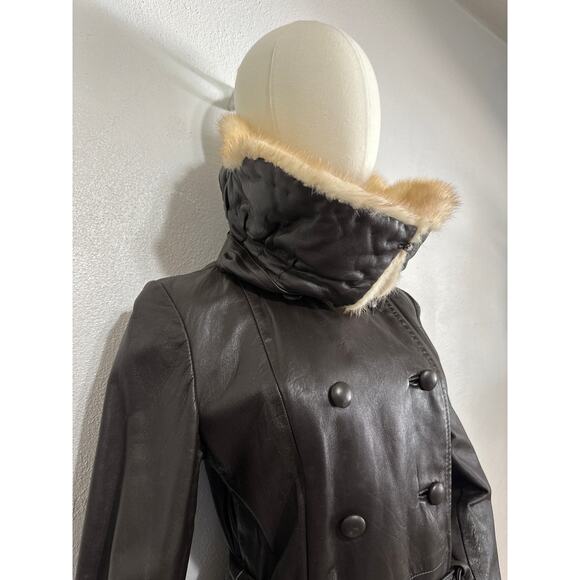 VTG Stunning 70s Leather Fur Funnel High Neck Trench Penny Lane Coat M Brown - Picture 5 of 16